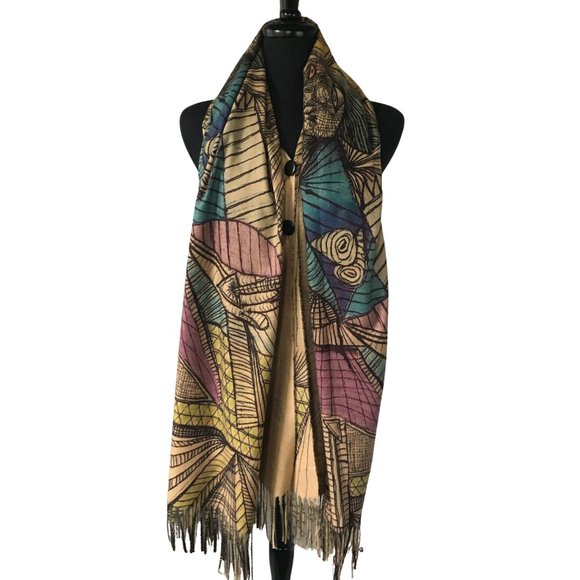 Cubist Abstract Art Line Drawing Flannel Buttoned Wrap Shawl Poncho Scarf - Picture 9 of 16
